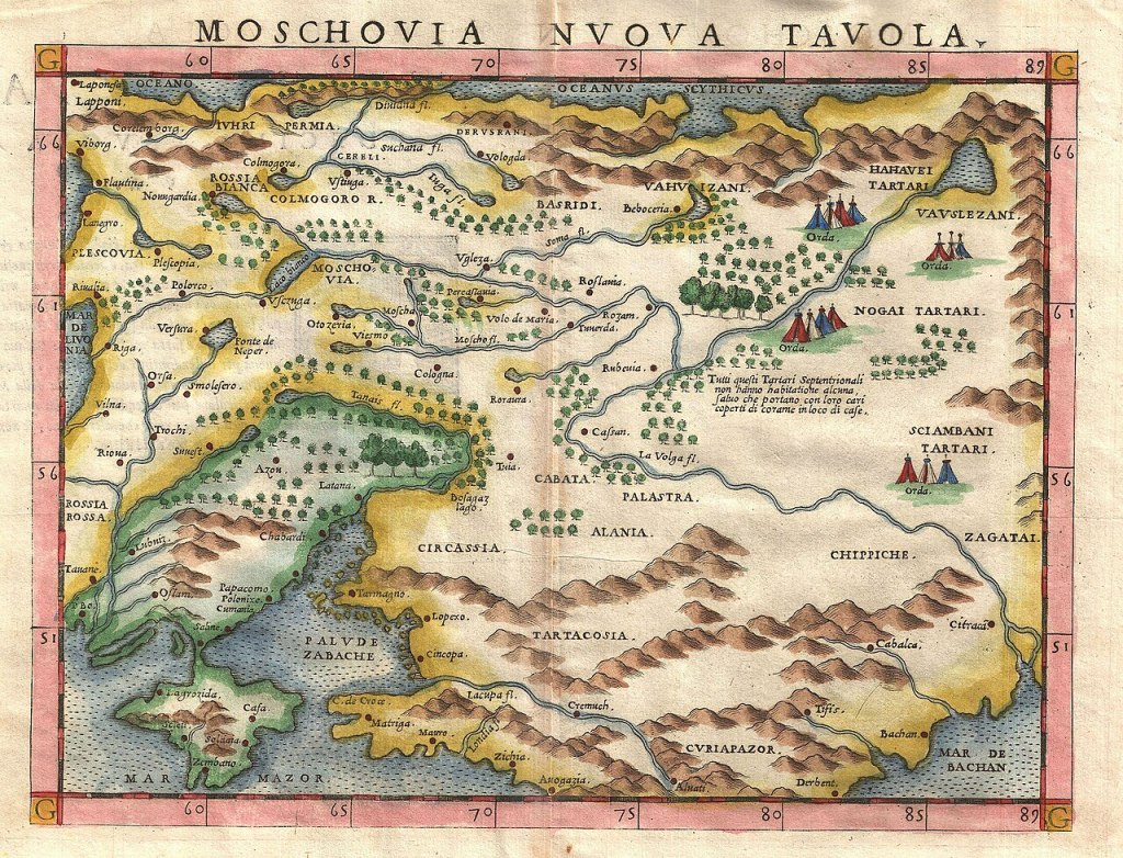 Archival illustration: 1574 Ruscelli Map of Russia (Muscovy) and Ukraine - Geographicus - Moschovia-porcacchi-1572